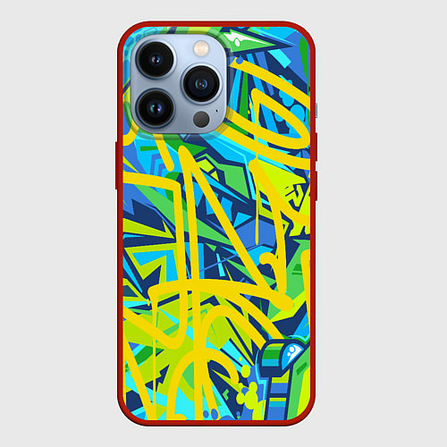 Чехол iPhone 13 Pro Желто-зеленое граффити / 3D-Красный – фото 1