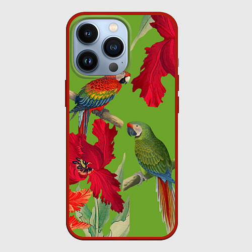 Чехол iPhone 13 Pro Попугаи среди цветов / 3D-Красный – фото 1