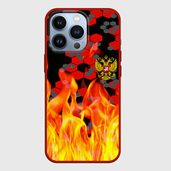 Чехол для iPhone 13 Pro Герб РФ броня в огне, цвет: 3D-красный
