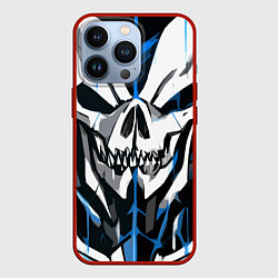 Чехол для iPhone 13 Pro Белый череп и синие полосы на чёрном фоне, цвет: 3D-красный