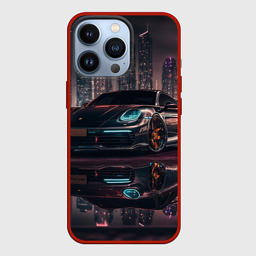 Чехол iPhone 13 Pro Porshe night city / 3D-Красный – фото 1
