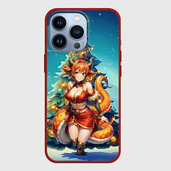 Чехол для iPhone 13 Pro Рыжая девушка змея на фоне елочки, цвет: 3D-красный