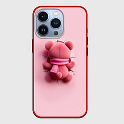 Чехол для iPhone 13 Pro Розовый плюшевый мишка со спины в разломе стены, цвет: 3D-красный