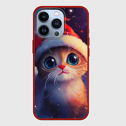 Чехол для iPhone 13 Pro Котик новогодний в шапочке, цвет: 3D-красный