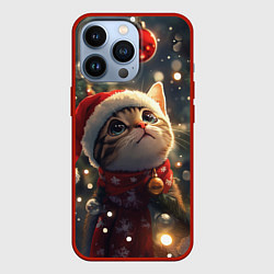 Чехол для iPhone 13 Pro Новогодний котик смотрит на шарик, цвет: 3D-красный