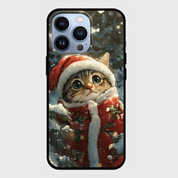 Чехол для iPhone 13 Pro Новогодний котик в зимнем лесу, цвет: 3D-черный