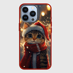 Чехол для iPhone 13 Pro Новогодний котик и фонари, цвет: 3D-красный