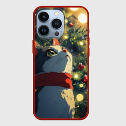 Чехол для iPhone 13 Pro Новогодний милый котенок на фоне елки, цвет: 3D-красный