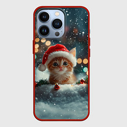 Чехол для iPhone 13 Pro Новогодний котенок и снег, цвет: 3D-красный