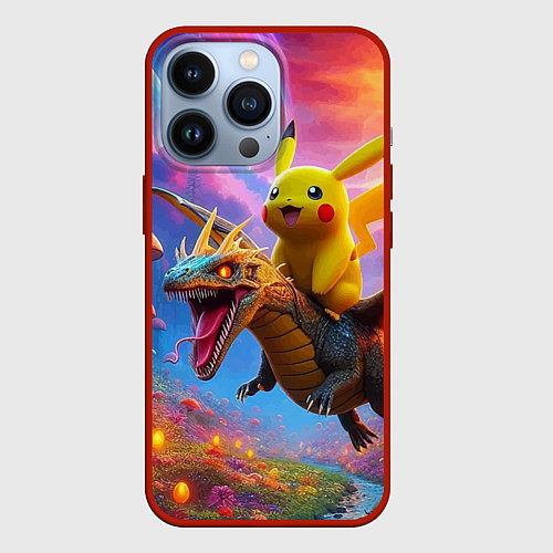 Чехол iPhone 13 Pro Пикачу летит на драконе среди грибов / 3D-Красный – фото 1