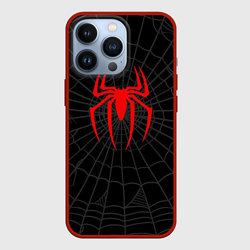 Чехол iPhone 13 Pro Логотип паука на фоне паутины косплей костюм Морал / 3D-Красный – фото 1