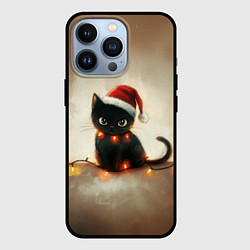 Чехол для iPhone 13 Pro Черный котик в гирлянде, цвет: 3D-черный