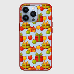 Чехол для iPhone 13 Pro Новогодний паттерн с подарками и ёлочными шариками, цвет: 3D-красный