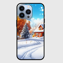 Чехол для iPhone 13 Pro Новогодний пейзаж и домики, цвет: 3D-черный