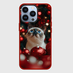 Чехол для iPhone 13 Pro Новогодняя белая пушистая сиамская кошка, цвет: 3D-красный