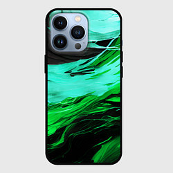 Чехол для iPhone 13 Pro Зелёные волны на чёрном фоне, цвет: 3D-черный