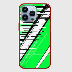 Чехол для iPhone 13 Pro Чёрно-белые глитч полосы на зелёном фоне, цвет: 3D-красный