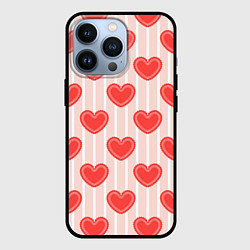 Чехол для iPhone 13 Pro Полосатый паттерн с красными ажурными сердечками, цвет: 3D-черный