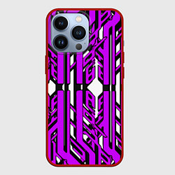 Чехол для iPhone 13 Pro Чёрно-фиолетовые техно полосы на белом фоне, цвет: 3D-красный