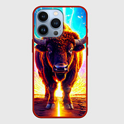 Чехол для iPhone 13 Pro Буйвол в неонновых лучах, цвет: 3D-красный