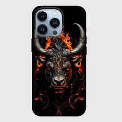 Чехол для iPhone 13 Pro Голова быка в пламени огня, цвет: 3D-черный