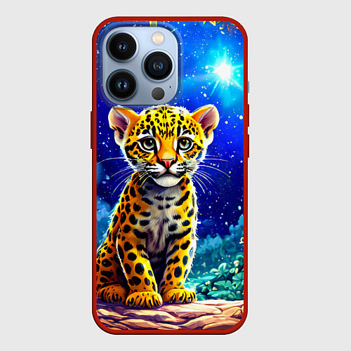 Чехол iPhone 13 Pro Ягуар в звездную ночь / 3D-Красный – фото 1