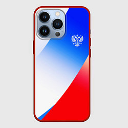 Чехол iPhone 13 Pro Герб России на фоне цветов флага градиент