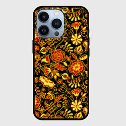 Чехол для iPhone 13 Pro Цветочный золотой узор, цвет: 3D-черный