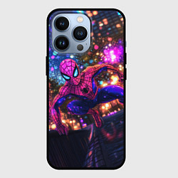 Чехол для iPhone 13 Pro Человек-паук и фиолетовый свет, цвет: 3D-черный