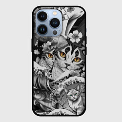Чехол для iPhone 13 Pro С котами и рыбой на фоне сакуры в волнах, цвет: 3D-черный