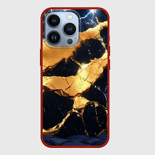 Чехол iPhone 13 Pro Золотая текстура на синем / 3D-Красный – фото 1