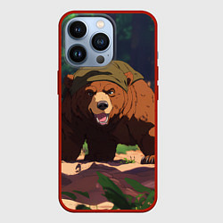 Чехол для iPhone 13 Pro Бурый медведь в лесу, цвет: 3D-красный