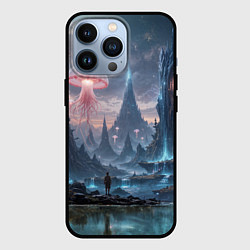 Чехол для iPhone 13 Pro Фантастический мир с медузами и озеро у гор, цвет: 3D-черный