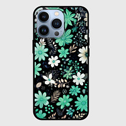 Чехол для iPhone 13 Pro Чёрный в зелёный цветочек стилизованный, цвет: 3D-черный