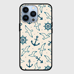 Чехол для iPhone 13 Pro Морской паттерн из штурвалов, чаек и якорей, цвет: 3D-черный