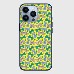 Чехол для iPhone 13 Pro Розовые, бирюзовые и синие банты на желтом, цвет: 3D-тёмно-синий
