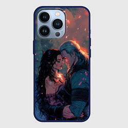 Чехол для iPhone 13 Pro Йеннифэр и Геральт и розовые лепестки, цвет: 3D-тёмно-синий