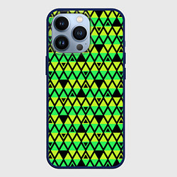 Чехол для iPhone 13 Pro Зеленые треугольники на черном, цвет: 3D-тёмно-синий