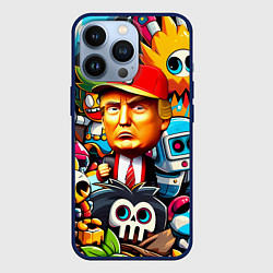 Чехол для iPhone 13 Pro Дональд Трамп в компании мультяшных персонажей, цвет: 3D-тёмно-синий