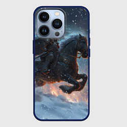 Чехол для iPhone 13 Pro Всадник на лошади в снежную бурю, цвет: 3D-тёмно-синий