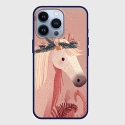 Чехол для iPhone 13 Pro Лошадка с новогодним венком, цвет: 3D-тёмно-синий