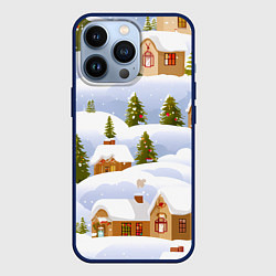Чехол для iPhone 13 Pro Новогодние домики и елочки, цвет: 3D-тёмно-синий