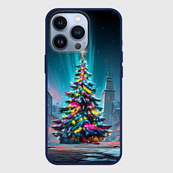 Чехол для iPhone 13 Pro Новогодняя елка в гирляндах, цвет: 3D-тёмно-синий