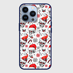 Чехол для iPhone 13 Pro Новогодние черепа, цвет: 3D-тёмно-синий