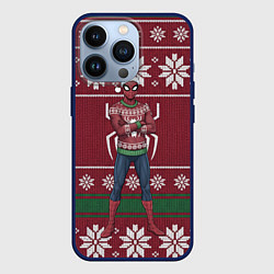 Чехол для iPhone 13 Pro Человек паук в вязаном свитере - новый год, цвет: 3D-тёмно-синий