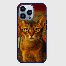 Чехол для iPhone 13 Pro Абиссинская кошка на фоне кирпичной стены с граффи, цвет: 3D-тёмно-синий