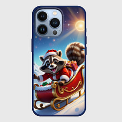 Чехол для iPhone 13 Pro Енот в санях, цвет: 3D-тёмно-синий