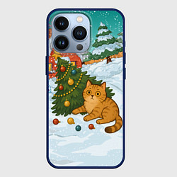 Чехол для iPhone 13 Pro Толстый кот уронил елку, цвет: 3D-тёмно-синий