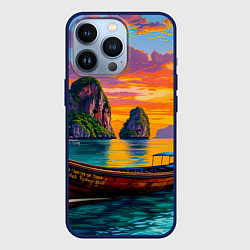 Чехол для iPhone 13 Pro Тропический закат у скал, цвет: 3D-тёмно-синий