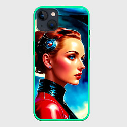 Чехол для iPhone 14 Plus Девушка связист в космосе, цвет: 3D-мятный